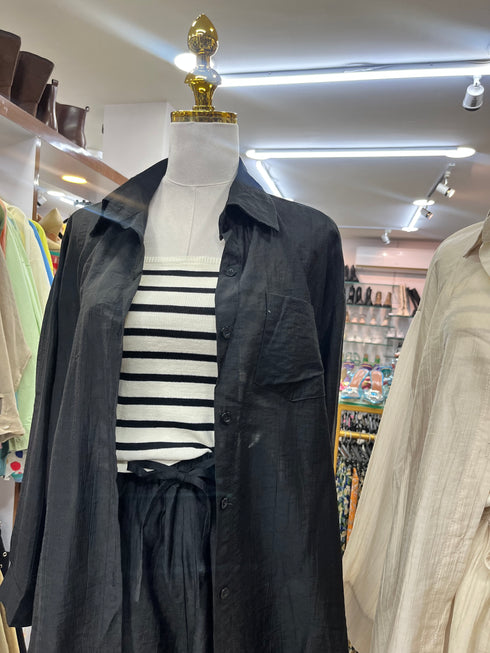 Chiffon Collar Shirt and Short With Stripes Tang Top Sets